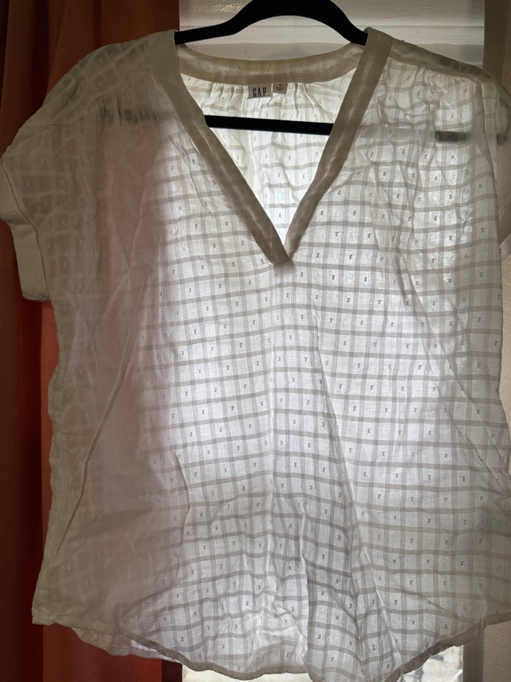 GAP Sheer White V-Neck Grid Dot Blouse